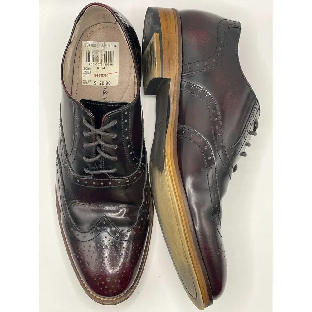 JOHNSTON & MURPHY Men's Wingtip Oxford‎ Dress Shoes Size 8M Burgundy MSRP $155